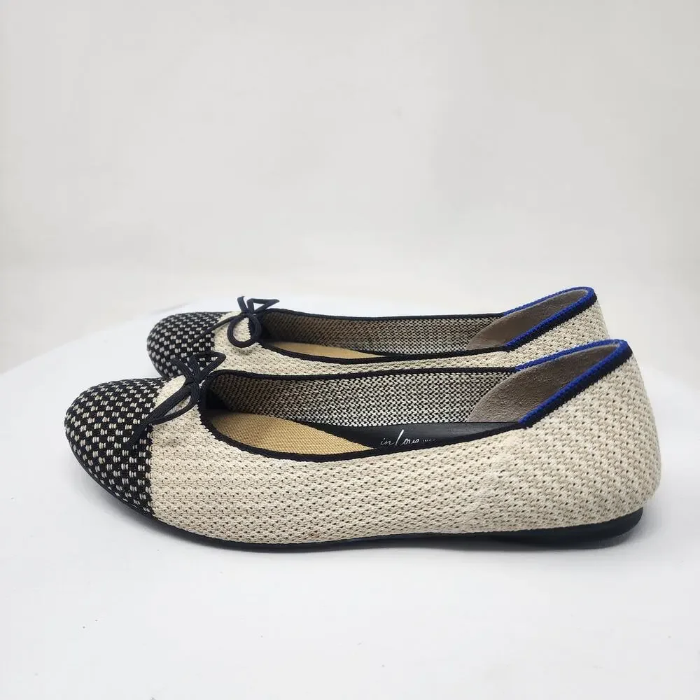 ROTHY'S Coco Ballet Flats Women 8.5 Cream & Black Round Cap Toe with Bow